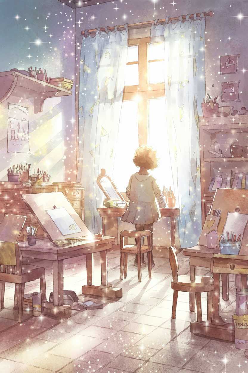 The illustration is beautifully crafted with warm, pastel tones and a magical atmosphere, making it visually appealing for children. The setting feels cozy and creative, which is great for inspiring curiosity. However, the character's facial expression is not visible, which might reduce emotional engagement for younger children.